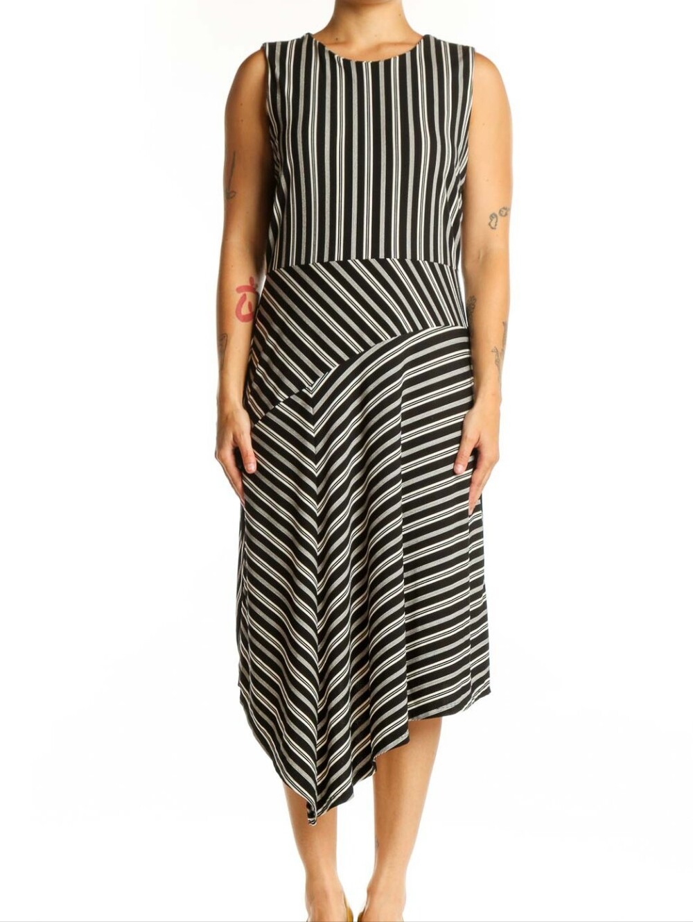 Banana Republic Striped Black and White Sleeveless Asymmetric Midi Dress